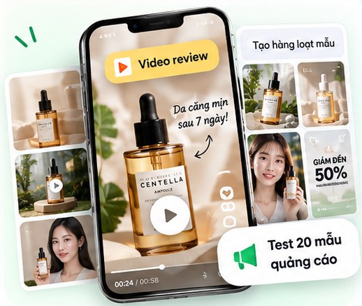 Điện thoại chiếu video review serum, bên cạnh là lưới mẫu quảng cáo tạo hàng loạt